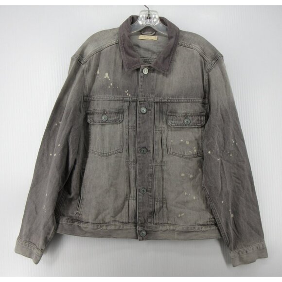 All Saints Jacket XL Akola Trucker Paint Splatter Denim Corduroy Collar